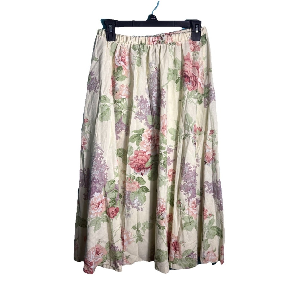 Vtg Size 16 Pull On Floral Roses Lilacs Pastel Midi Skirt USA Cotton Cottagecore